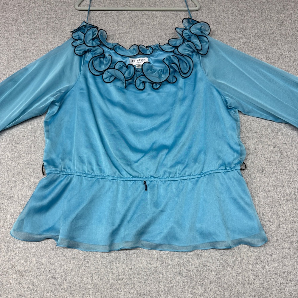 J.R. Nites by Carol Lin Blouse 18W Blue Ruffle Neck Sheer Sleeve Peplum Top Even
